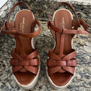 Saint Laurent Tribute Leather Espadrille Wedge Sandals 36.5
